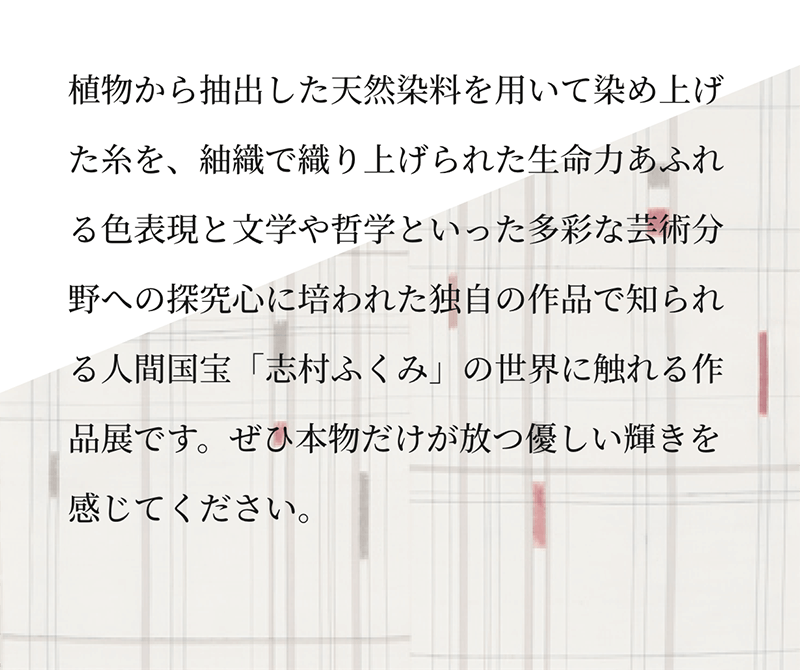 植物から抽出した天然染料を用いて染め上げた糸を紬織で織り上げられた生命力あふれる色表現